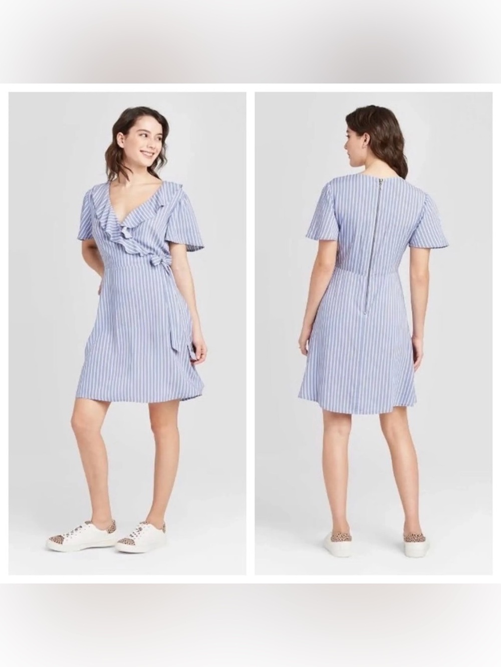 Xhilaration Striped Ruffle Wrap Dress in Light Blue and White